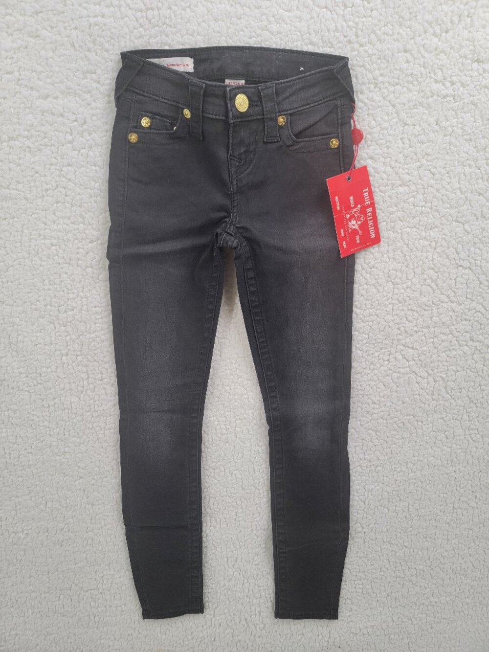 NWT True Religion Halle Mid Rise Super Skinny Black Jeans Gold Sz 23